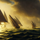 Sailing ships in rough seas under dramatic stormy sky