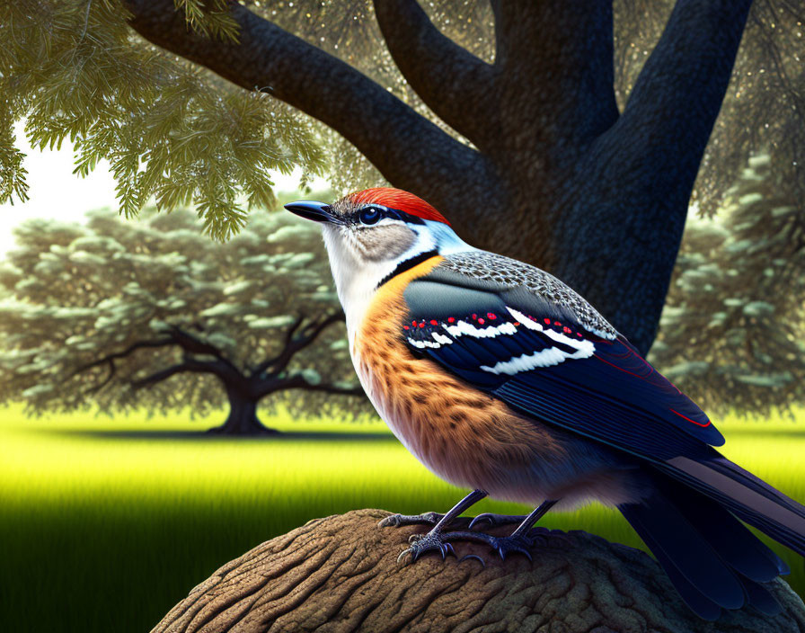 Vibrant red, white, and blue bird on branch in lush forest clearing