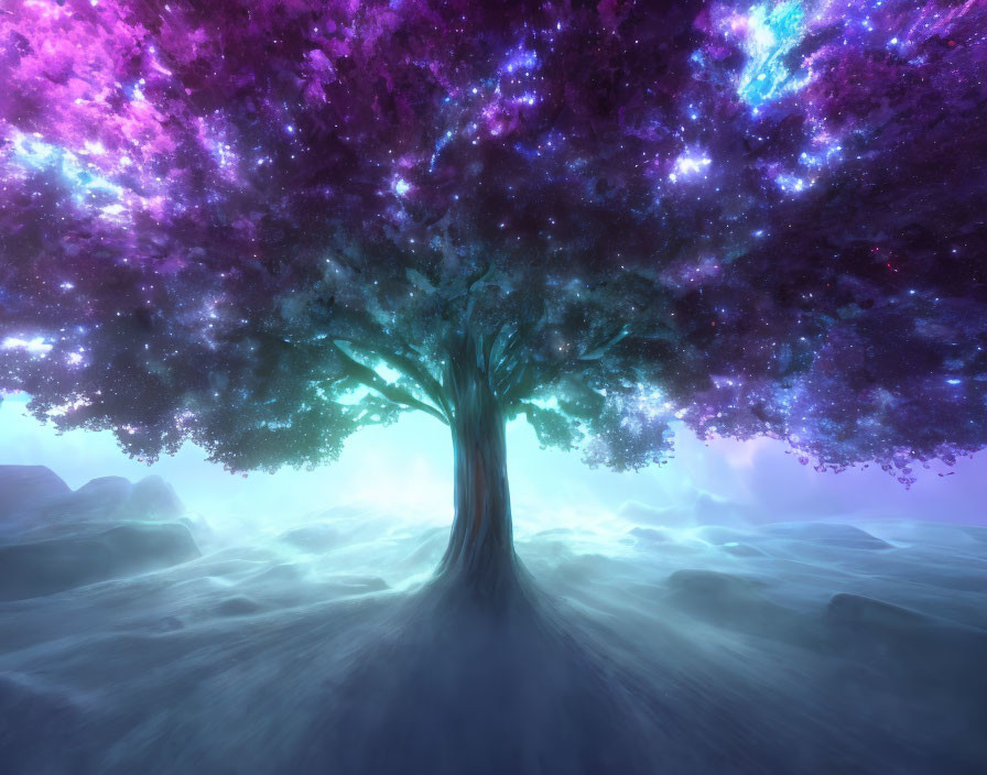 Mystical tree with luminous purple canopy in misty landscape