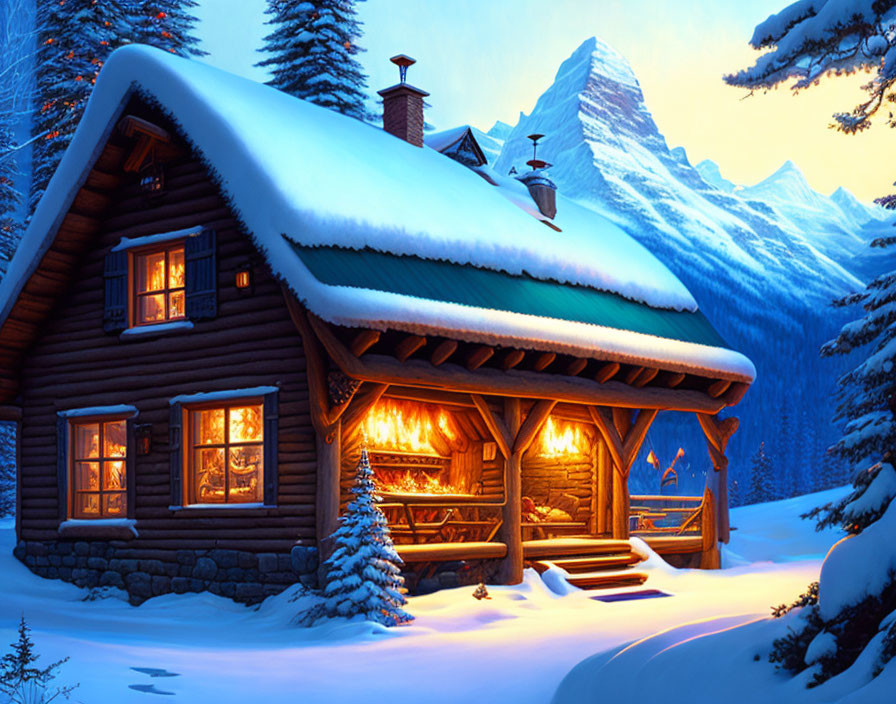 Snowy landscape with cozy log cabin and glowing windows at twilight