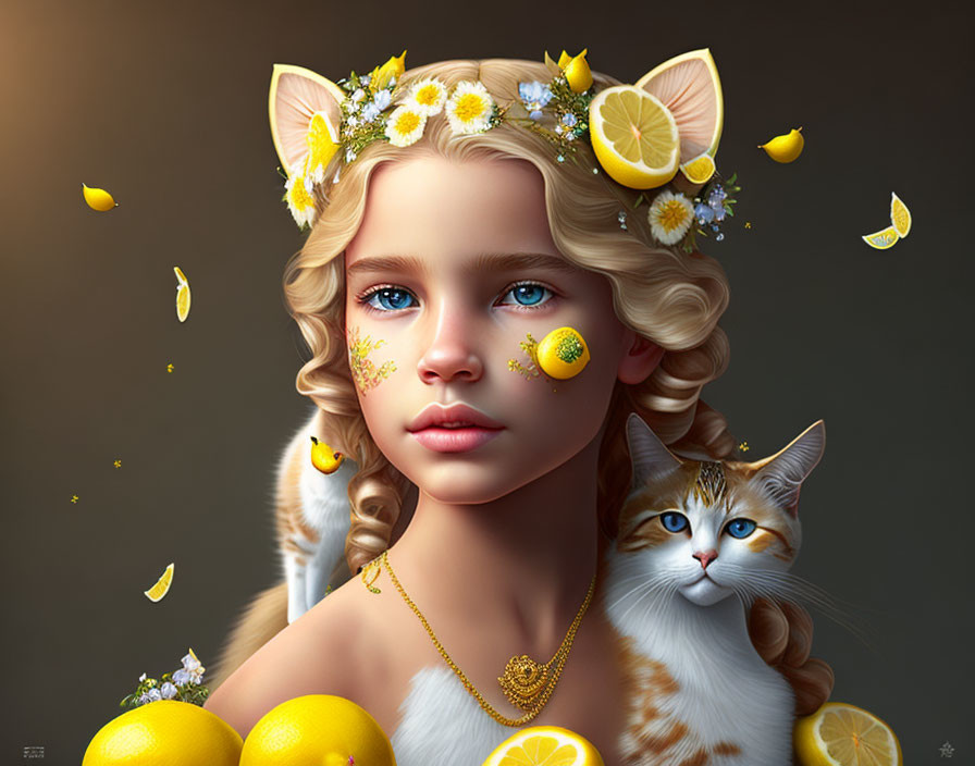 Digital artwork featuring girl with blue eyes, lemon and flower crown, cat, lemon slices, and petals