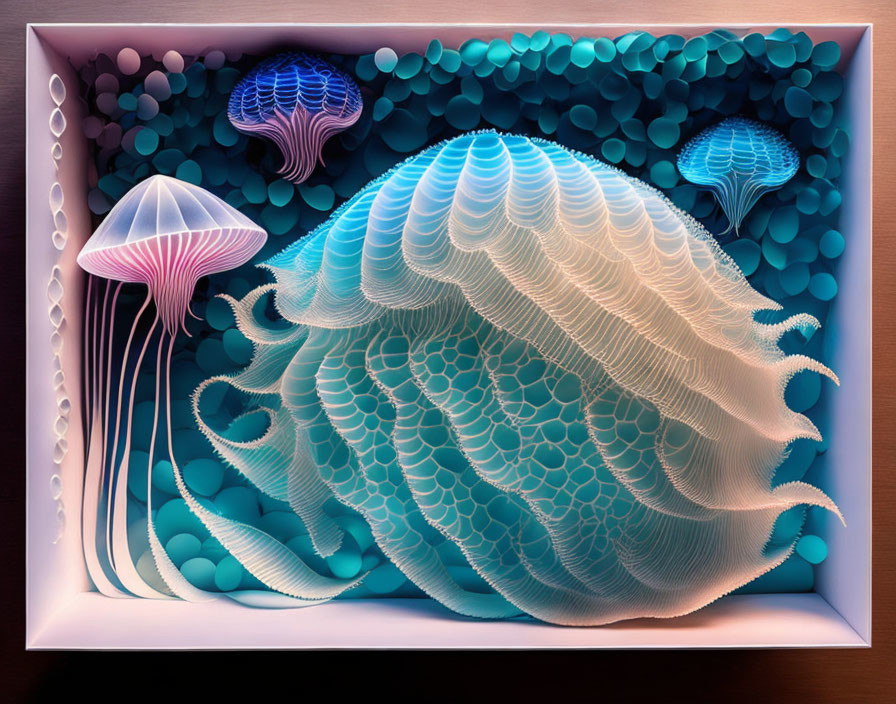 Luminescent jellyfish 3D illustration in box frame with abstract underwater background