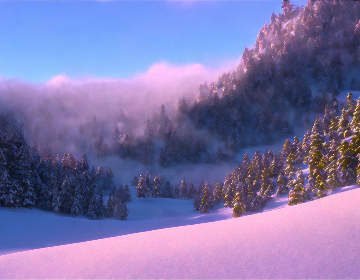 Snow-covered trees in mysterious fog with warm sun glow