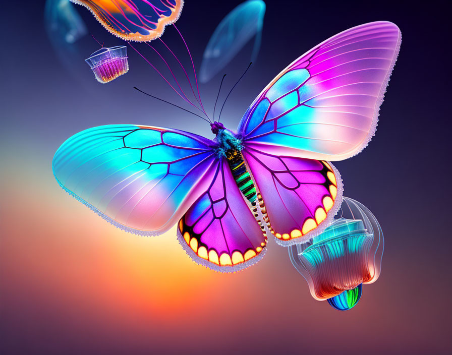 Colorful Butterfly and Jellyfish in Sunset Scene