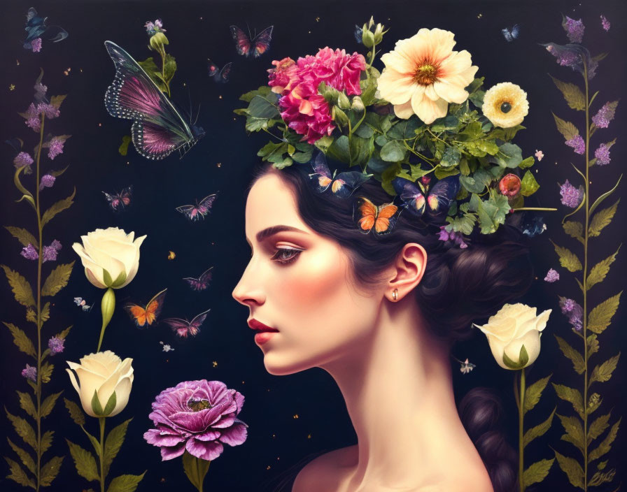 Dark-Haired Woman with Floral Bouquet and Butterflies on Floral Background