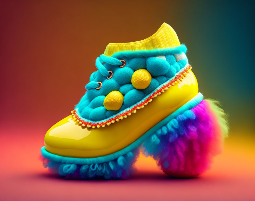 Colorful Whimsical Sneaker with Blue Furry Textures and Pom-Poms