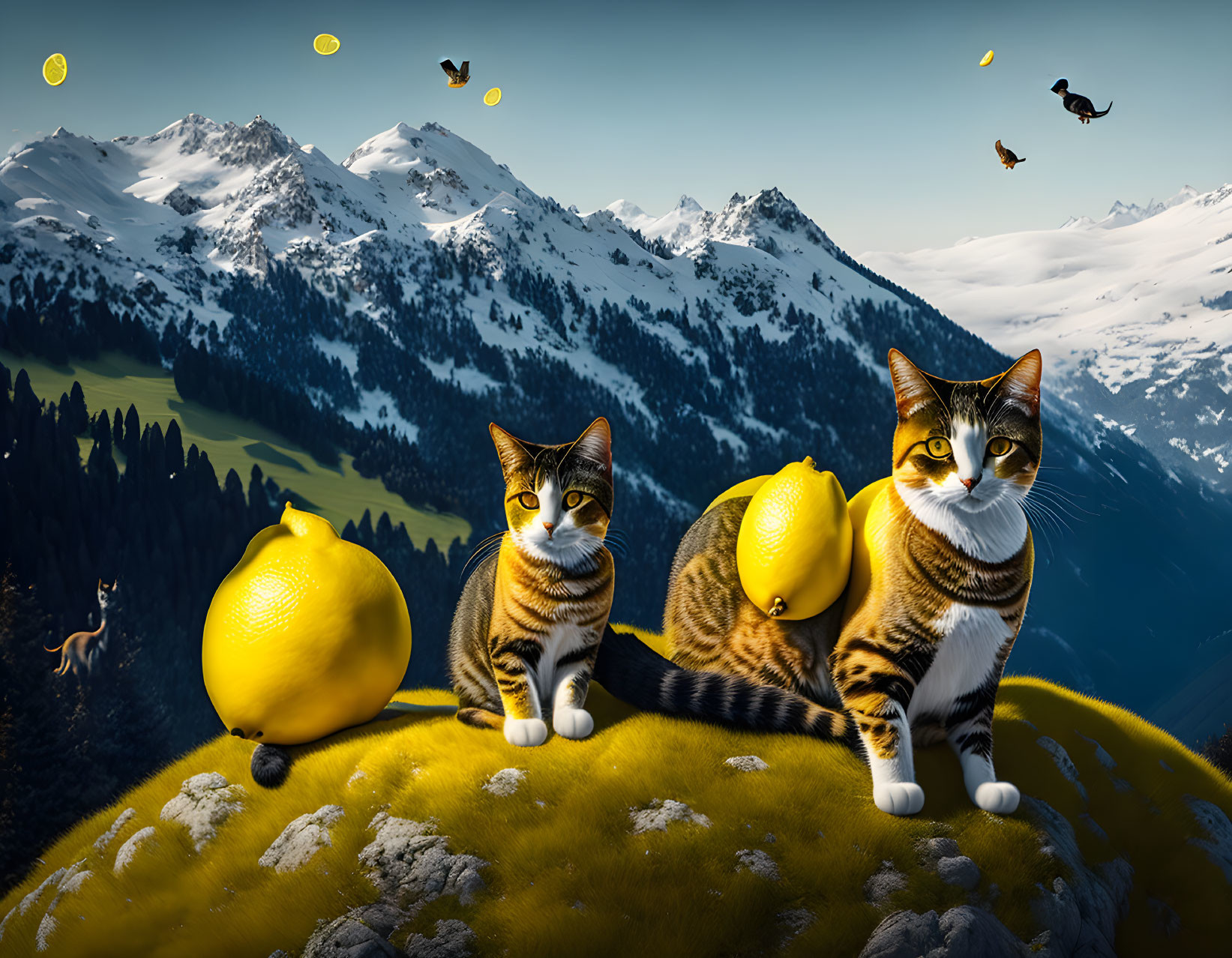 Two Lemon-Patterned Cats on Mossy Hill with Mountain Background