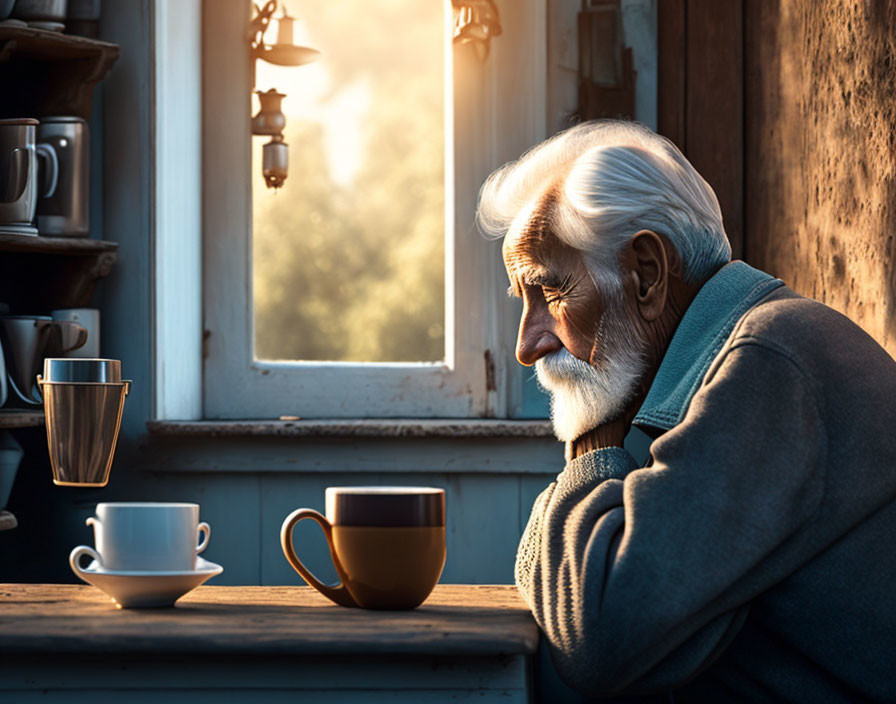 Elderly man with white beard gazes out window beside wooden table.