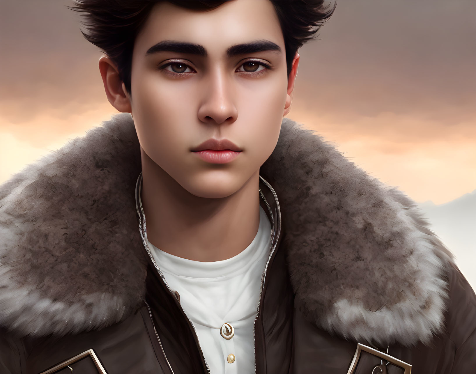 Young man with dark hair in fur-collared jacket against sunset sky