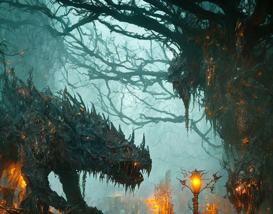 Misty fantasy forest with twisted trees and glowing lights