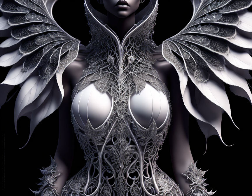 Silver Fantasy Armor with Filigree and Feathered Wings on Dark Background