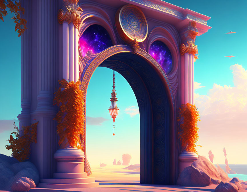 Fantastical archway with cosmic space, orange foliage, sunset sky, lantern, floating islands