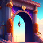 Fantastical archway with cosmic space, orange foliage, sunset sky, lantern, floating islands