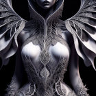 Silver Fantasy Armor with Filigree and Feathered Wings on Dark Background