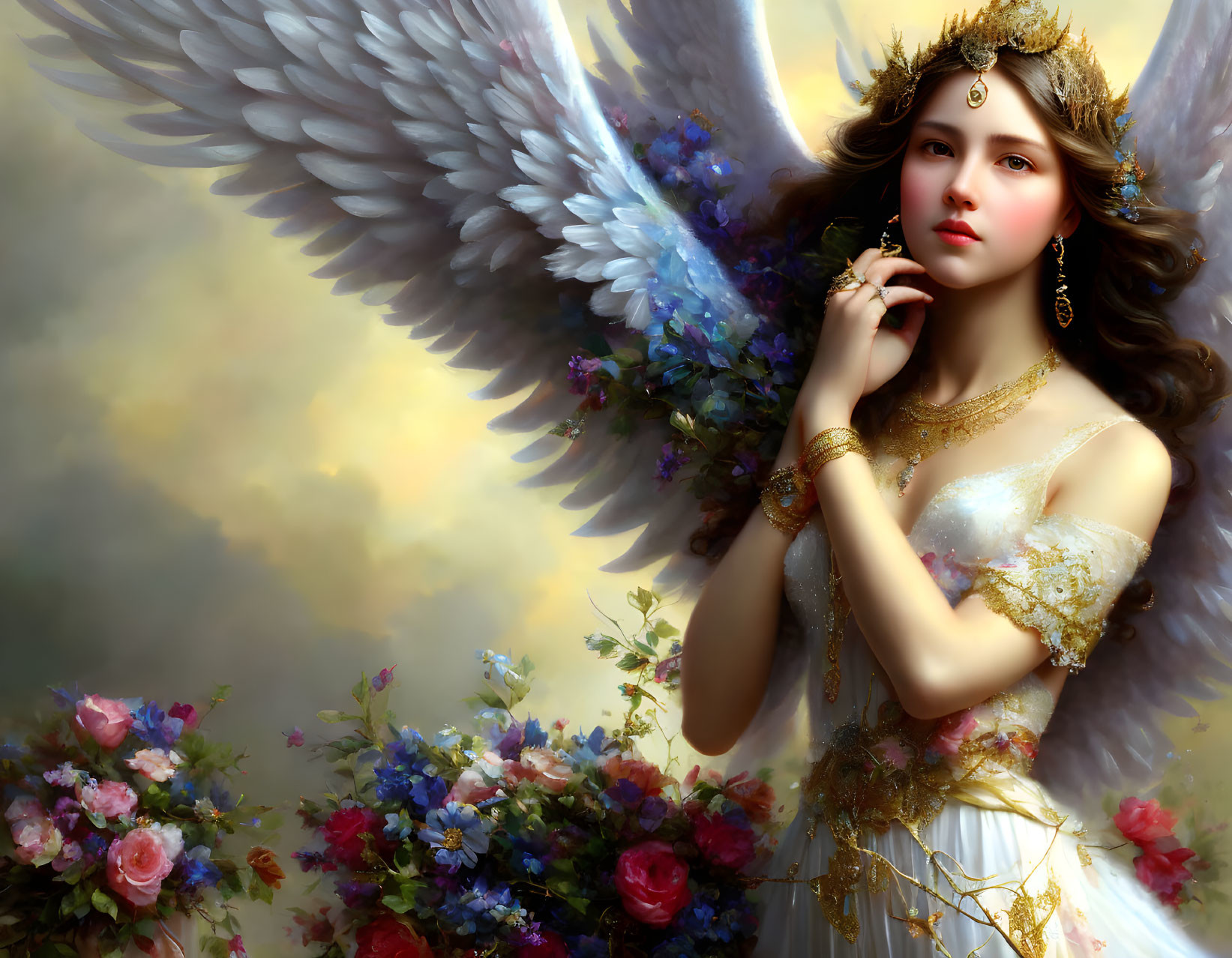 Colorful Winged Angel Figure with Floral Adornments and Golden Jewelry