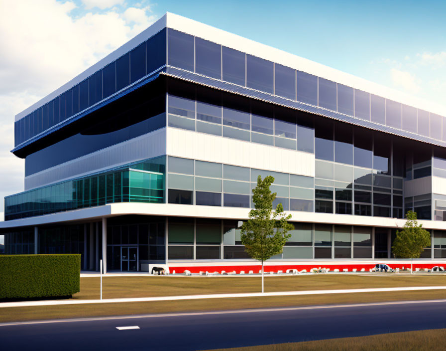 Blue-tinted glass facade modern office building with white panels near road and green landscaping