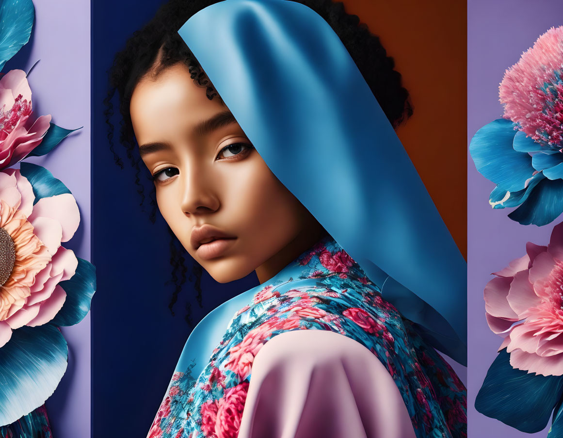 Young female in blue headscarf against split blue/purple background with floral imagery