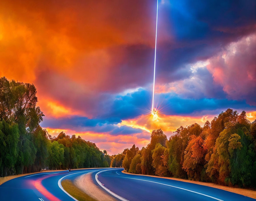 Divided highway landscape: daylight vs. sunset, dramatic sky with trees.