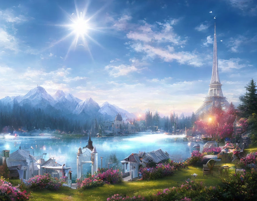 Fantasy landscape with lake, houses, flowers, spire, mountains, sunny sky