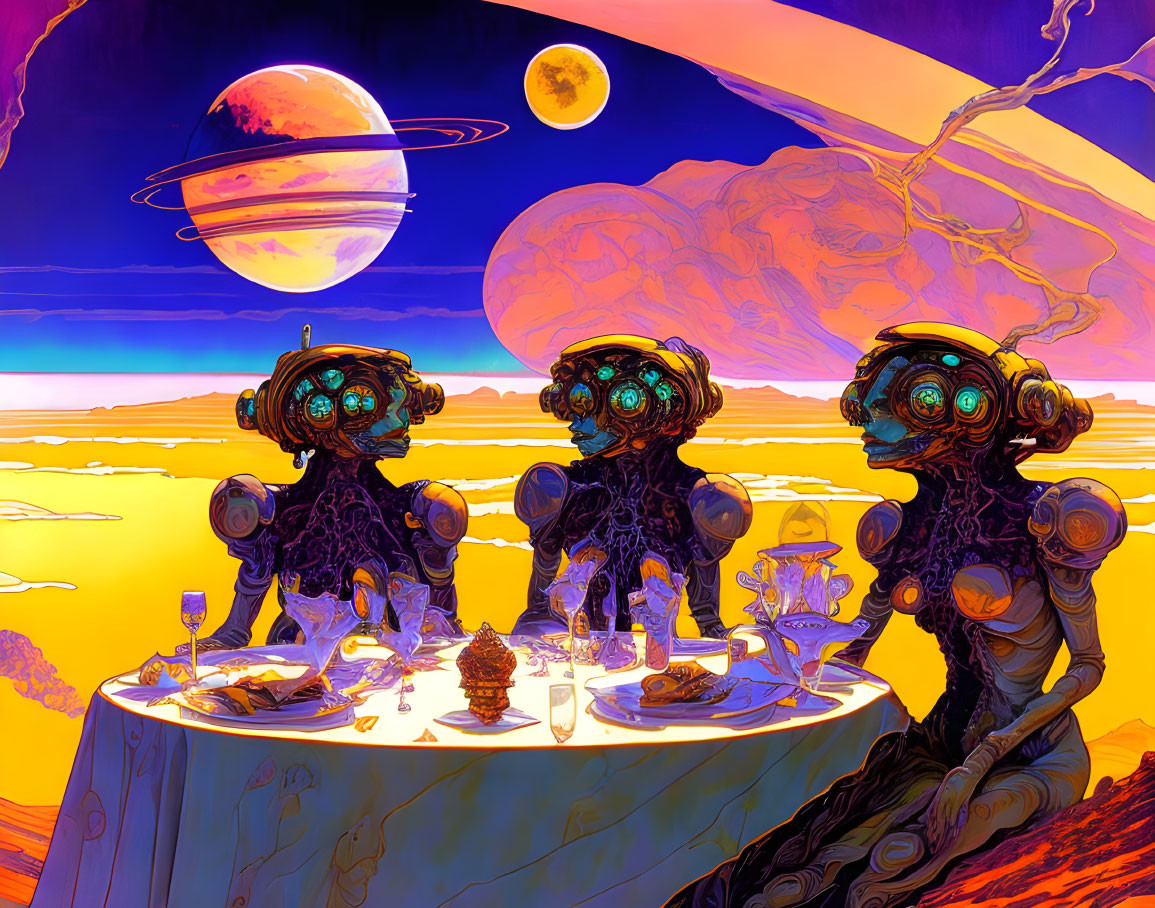 Three intricate robot designs at a dinner table under a surreal sky.