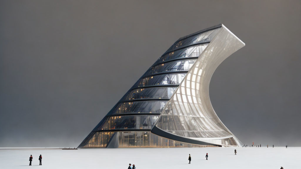 Wave-shaped glass building under dramatic sky with tiny figures showcasing grand scale