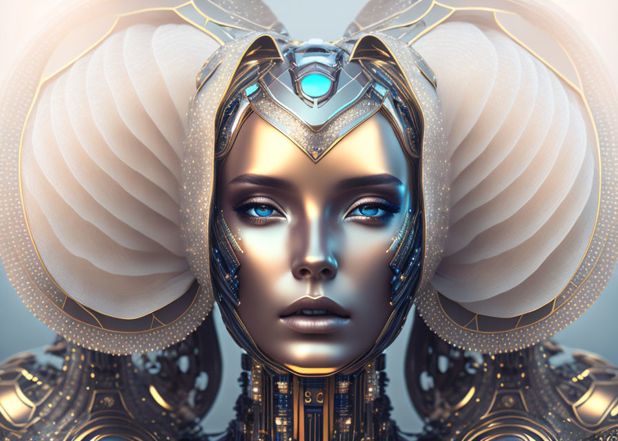 Detailed Close-Up of Female Figure with Golden Headgear and Futuristic Mechanical Features