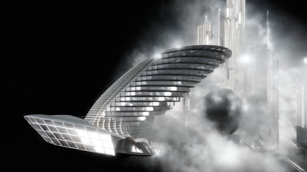 Futuristic building with wing-like structures in misty cityscape