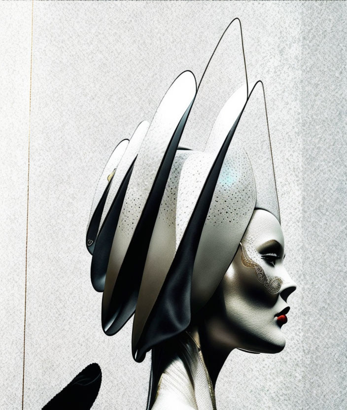 Abstract Stylized Female Figure with Multi-Layered Headwear in Black and White