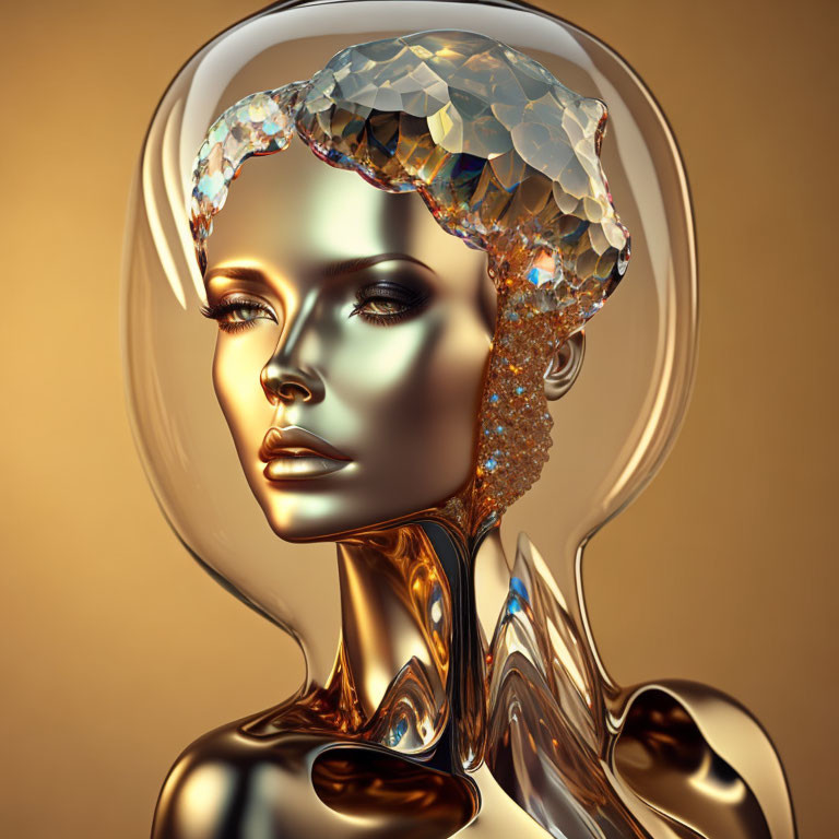 Golden Metallic Female Figure with Crystal-like Structures on Warm Background