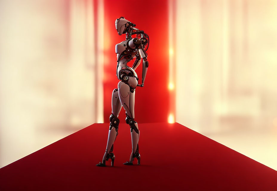 Exposed mechanical humanoid robot on red platform under red backlight