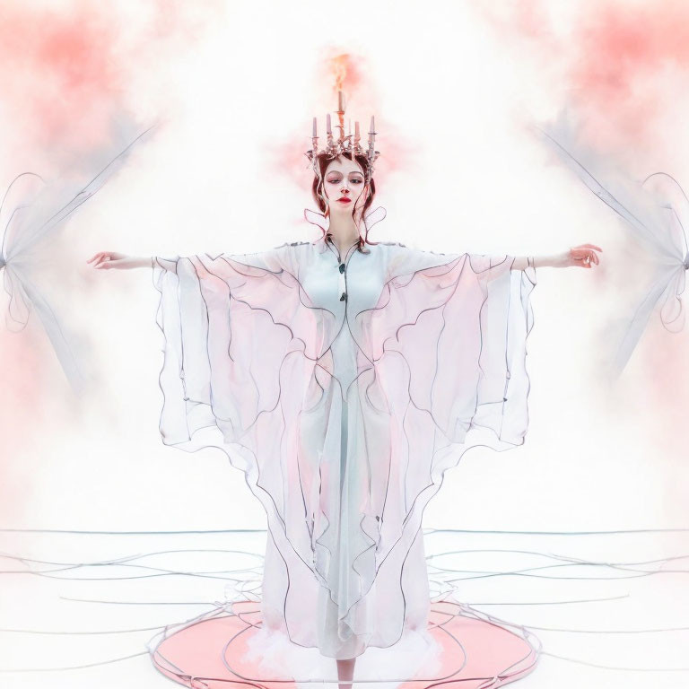 Symmetrical Artwork: Woman in White Dress with Elaborate Headpiece in Pink Smoke