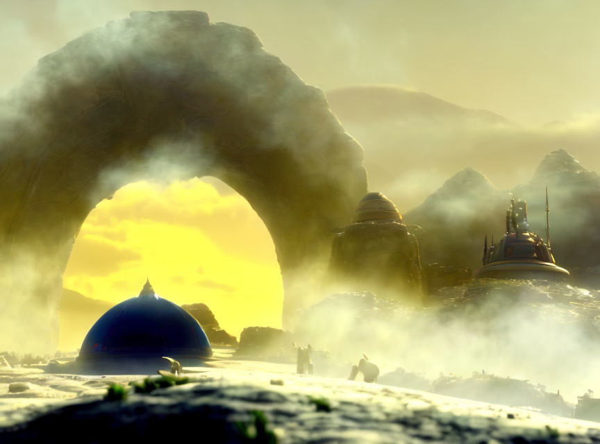 Sunlit landscape with futuristic domed structures and natural arch on alien planet