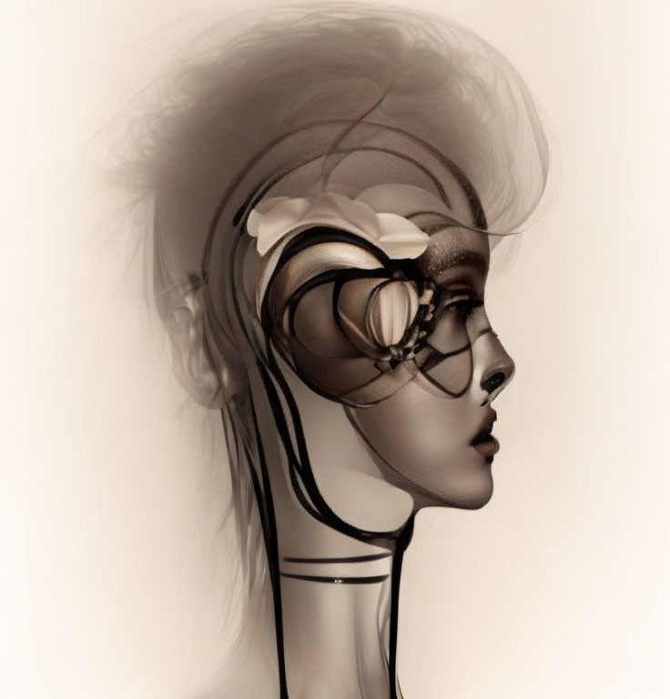 Sepia-Toned Stylized Feminine Figure with Futuristic Mechanical Details