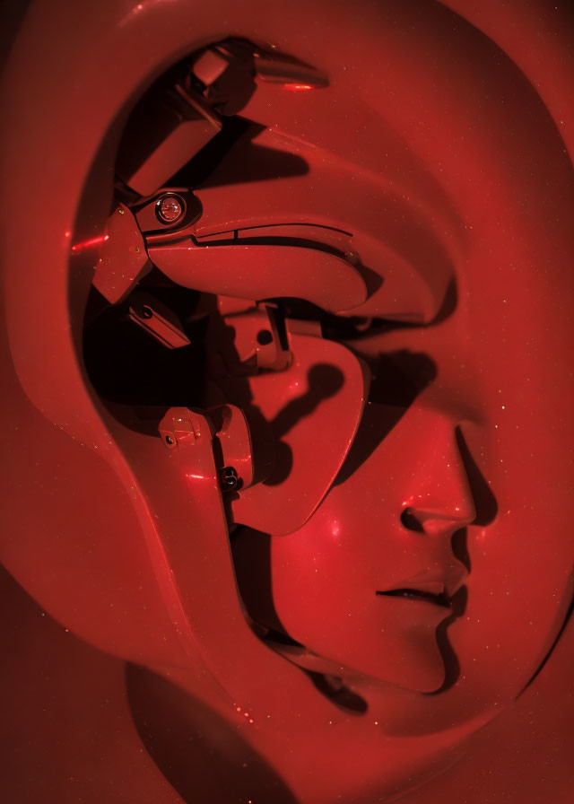 Red-hued robotic humanoid face emerges from liquid surface