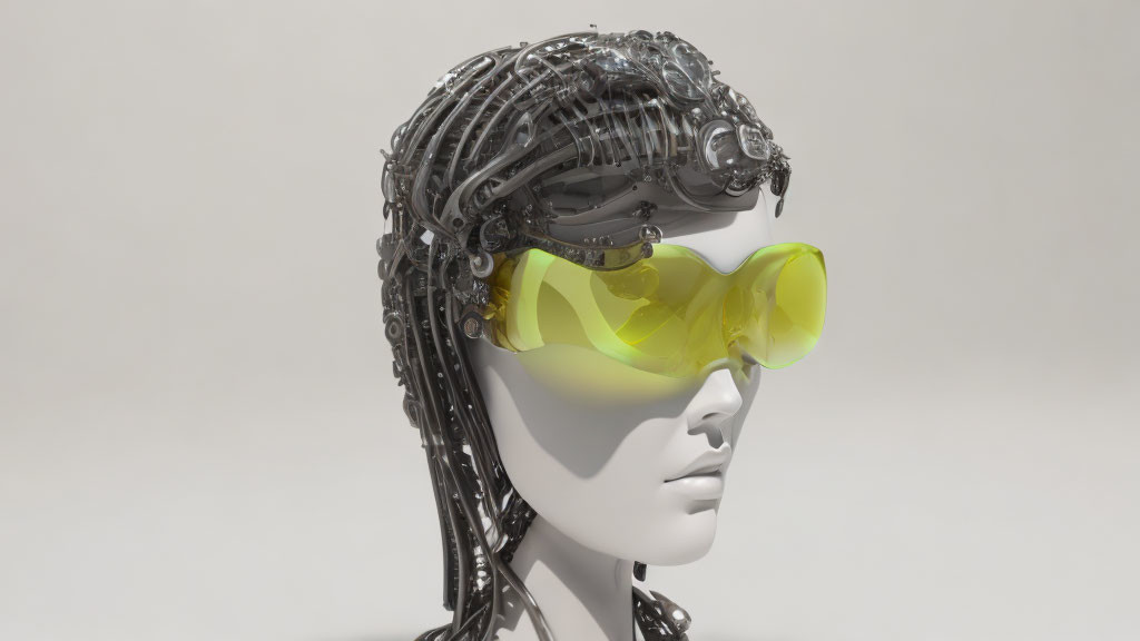 Mannequin head with metallic circuit-like hairstyle and neon yellow sunglasses