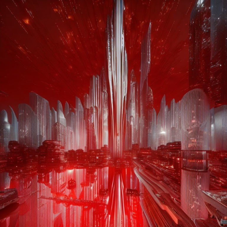 Futuristic red cityscape with towering skyscrapers and luminous structure