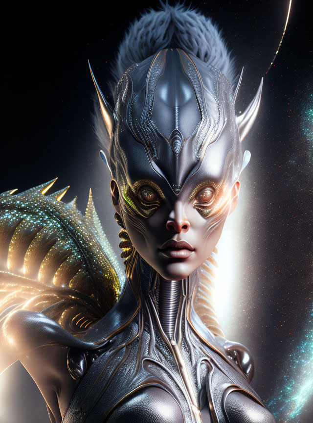 Stylized digital artwork of humanoid figure in silver armor with cosmic background