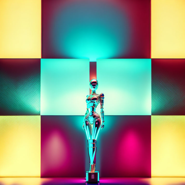 Colorful Abstract Background with Shiny Humanoid Robot