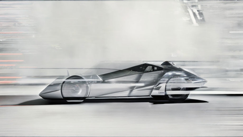 Sleek metallic futuristic car speeding on track