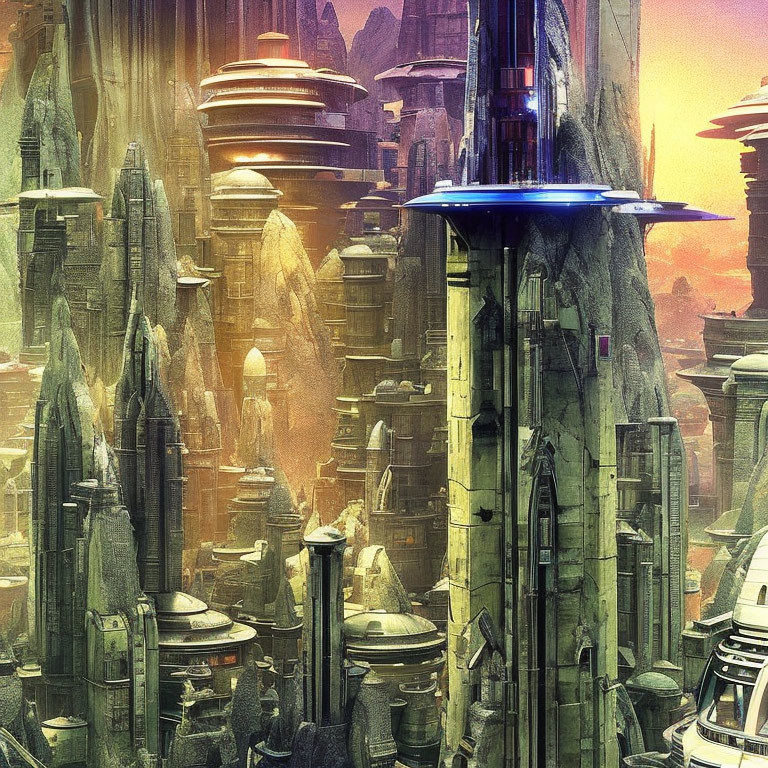 Futuristic cityscape with skyscrapers and flying vehicles at sunset