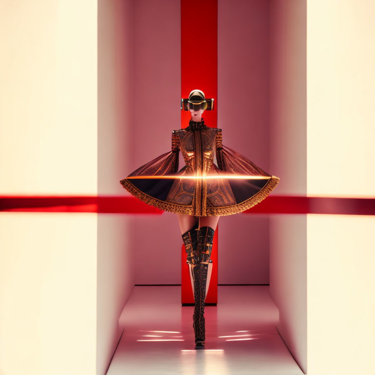 Futuristic fashion model in metallic helmet and avant-garde dress on red and white runway