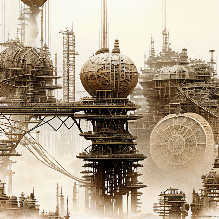 Sepia-toned steampunk cityscape with industrial structures and Ferris wheel-like constructs