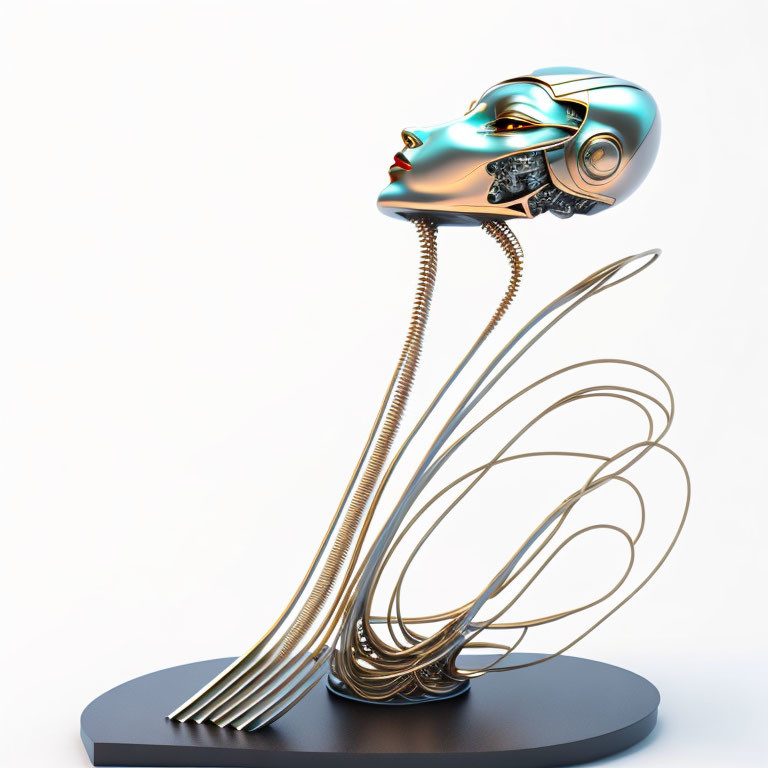 Futuristic female head sculpture with metallic skin and cybernetic enhancements