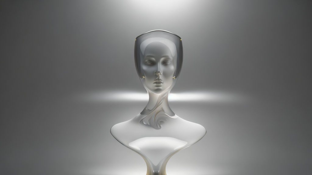 Modern Human Head Sculpture on Reflective Surface Against Grey Background