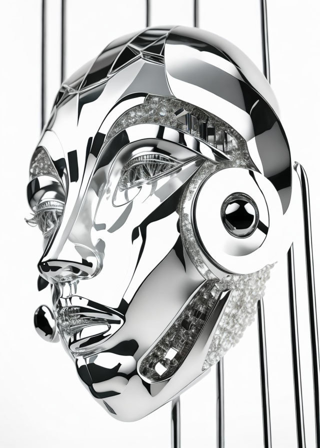 Detailed Chrome Robotic Face on Vertical Lines Background