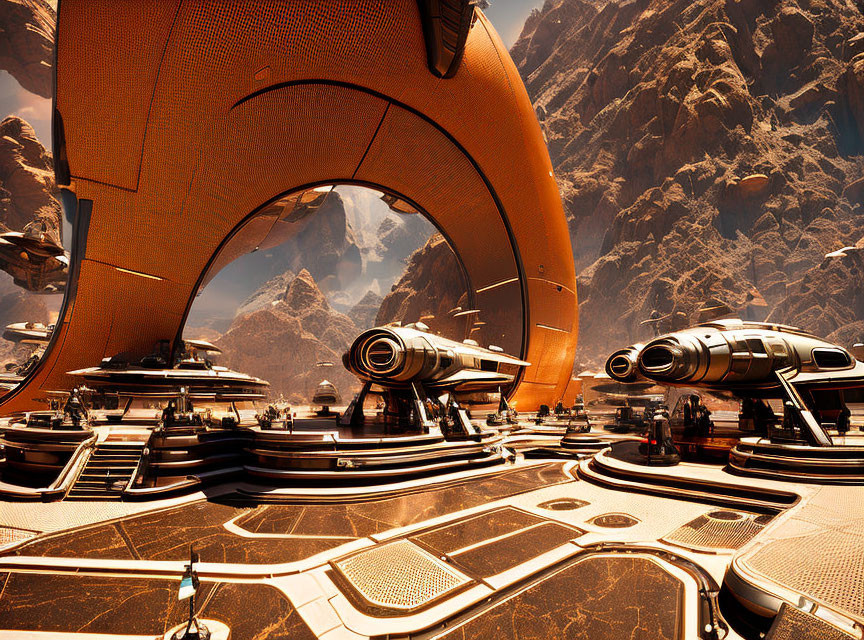 Futuristic Spaceport with Sleek Spacecraft on Orange Platforms