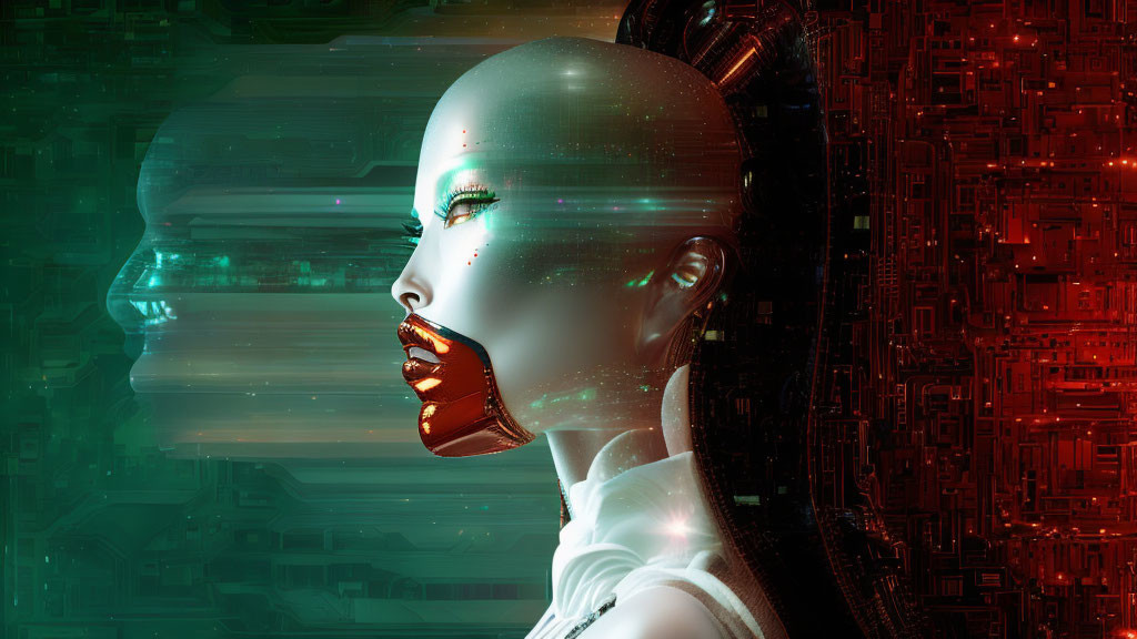 Female Android Digital Art Portrait Against Futuristic Circuitry