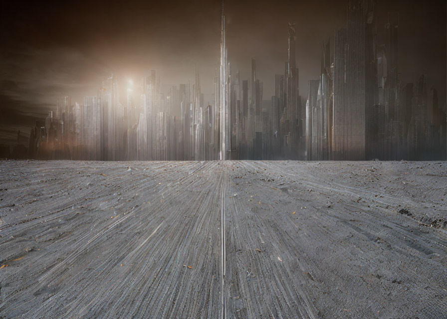 Desolate landscape with tire tracks to futuristic cityscape under dramatic sky