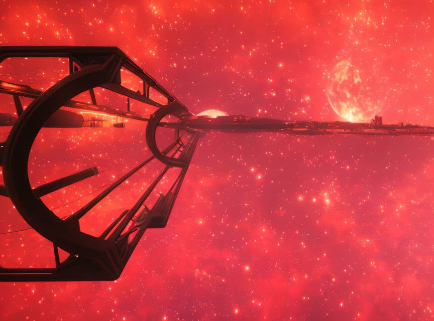 Futuristic space station with long bridge in red nebula landscape