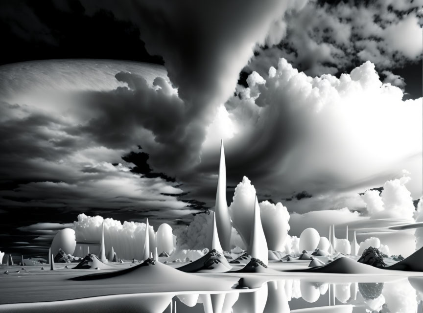 Monochrome surreal landscape with spiky formations and dramatic sky